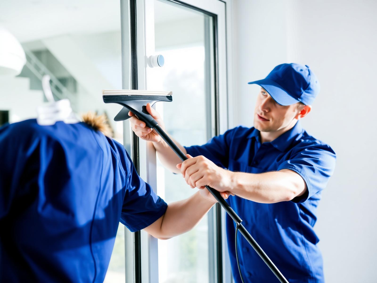 Professional cleaner washing a window with a squeegee