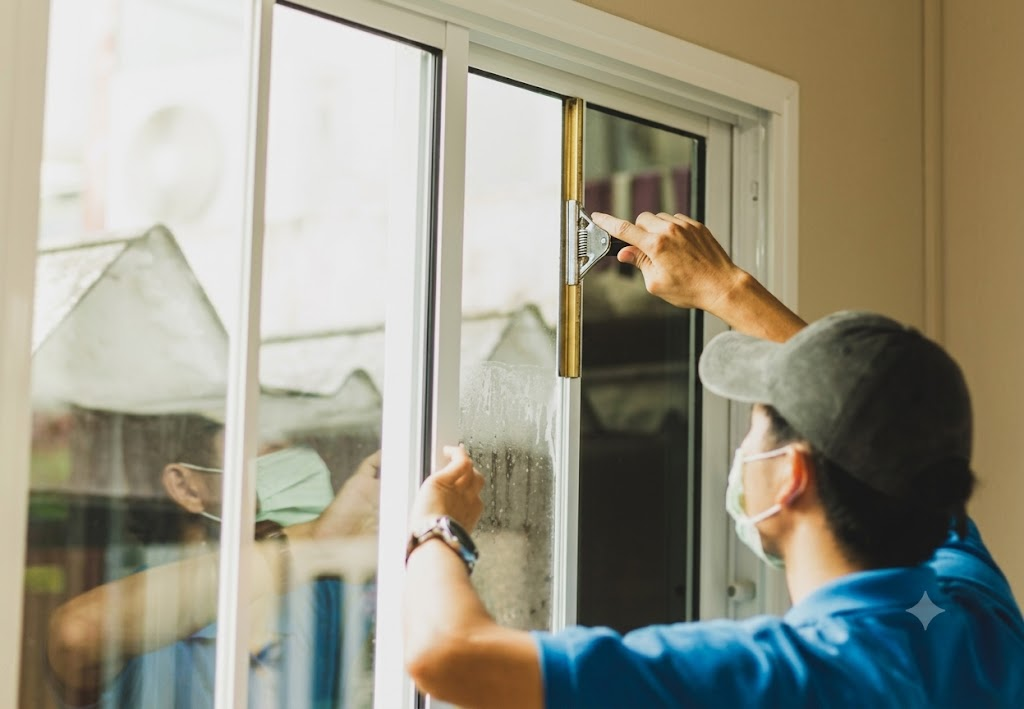 Professional cleaner washing a window with a squeegee